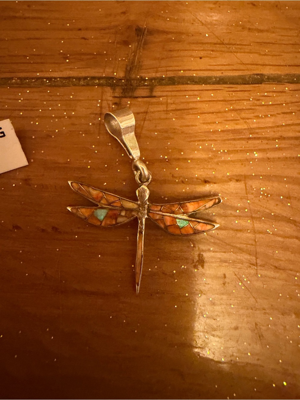 Silver Dragonfly Pendant or charm with Orange and Turquoise Inlay - Unbranded
